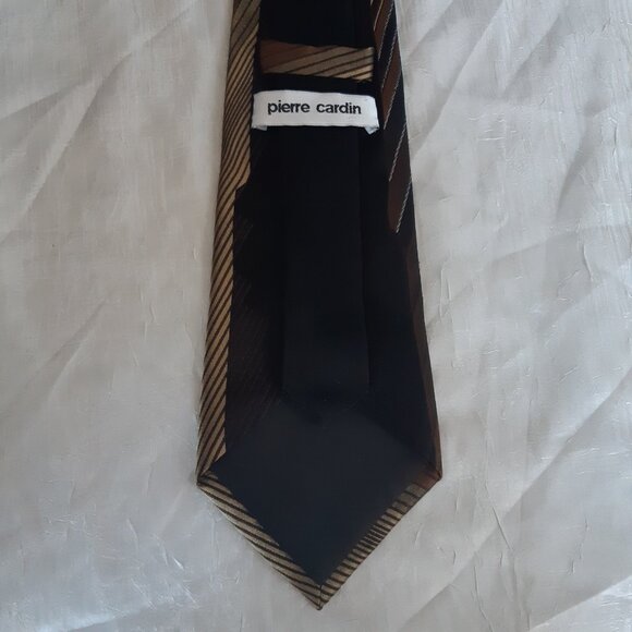 Vintage Pierre Cardin Tie 4" Silk Diagonal Stripe, Browns & Tan/Gold - Picture 3 of 10